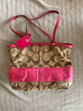 Coach Signature Stripe Tote 10124 Pink Trim Y2K Jacquard Shoulder Bag